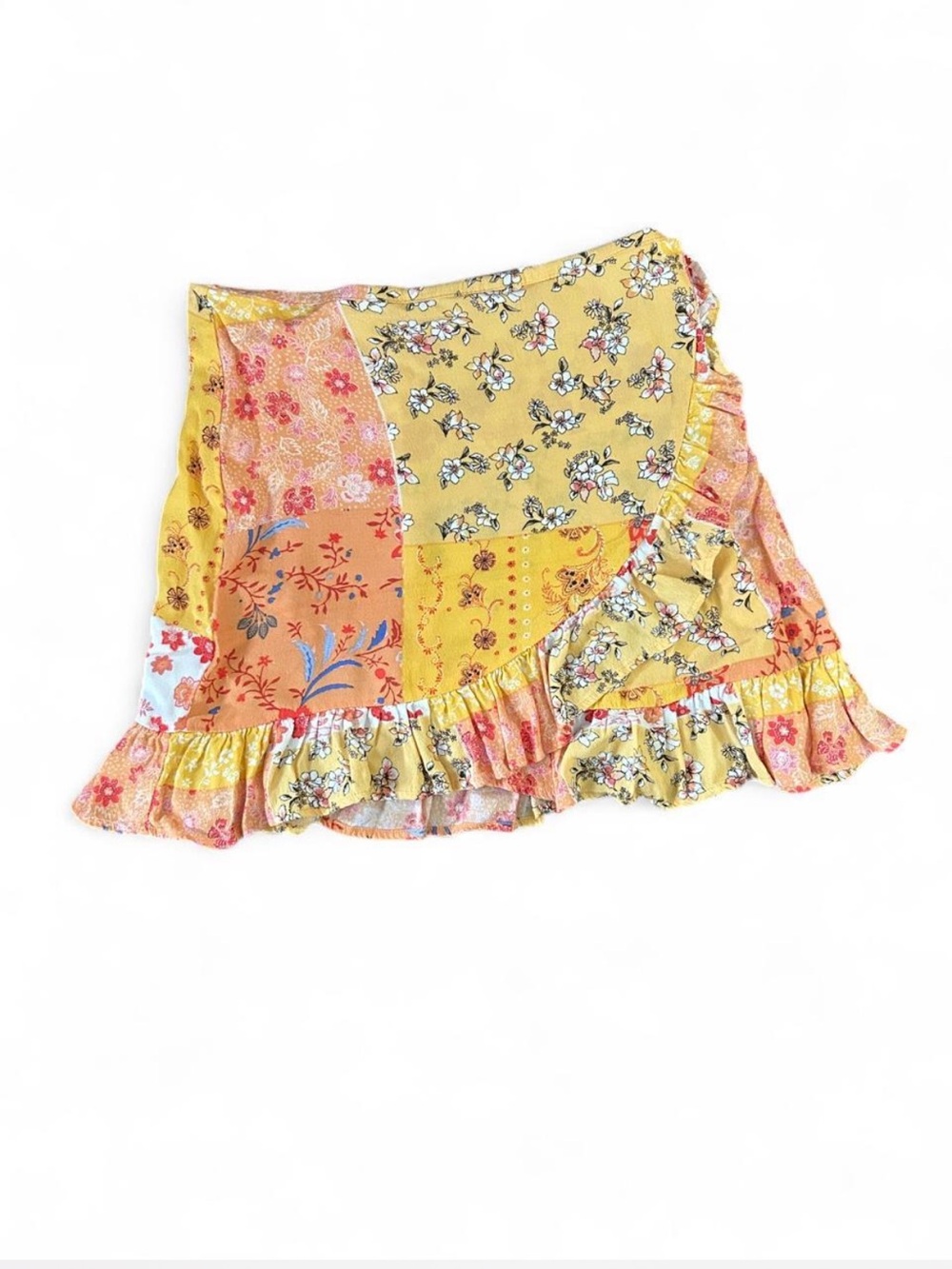Forever 21 Floral Patchwork Faux Wrap Ruffle Mini Skirt - Yellow, Orange